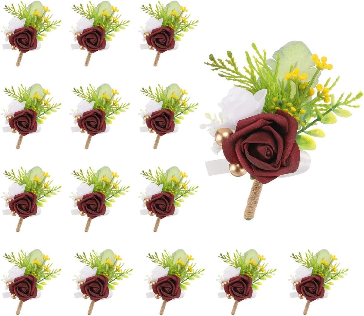 Cosensi - Kunstbloemen Bordeaux voor Mannen | Spelden voor Boutonniere Tas | Bruid en Bruidegom | Ceremonie | Bruiloft en Jubileum | Formeel Feest | 15 Stuks